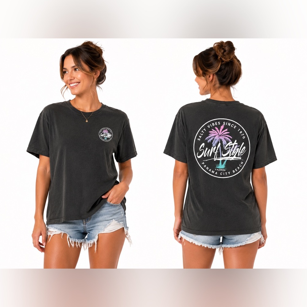 2/$20 Panama City Beach Florida Salty Vibes Black Short Sleeve T shirt Sz L